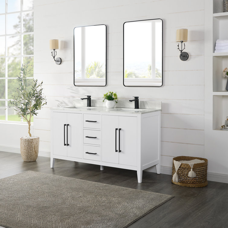 Beachcrest Home Griselde 60"Free Standing Double Bathroom Vanity with Quartz Top with Mirror ...